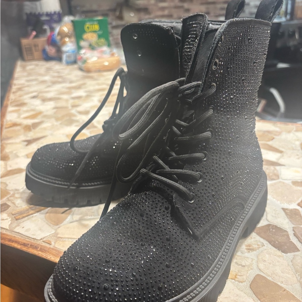 SHEIN Black Rhinestone Combat Boots